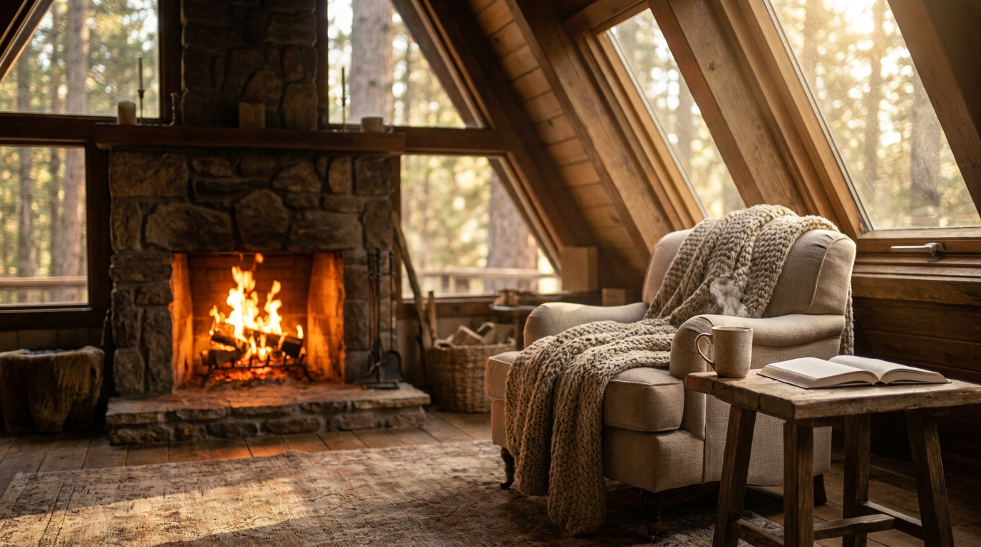 A warm and inviting A-frame cabin living room with a glowing fireplace, a plush armchair, and morning light streaming through the windows.