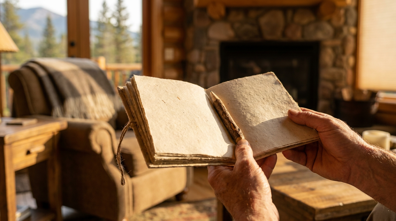 Close-up of hands writing in a guestbook within a sunlit, rustic mountain cabin living room, conveying a personal touch in hospitality.