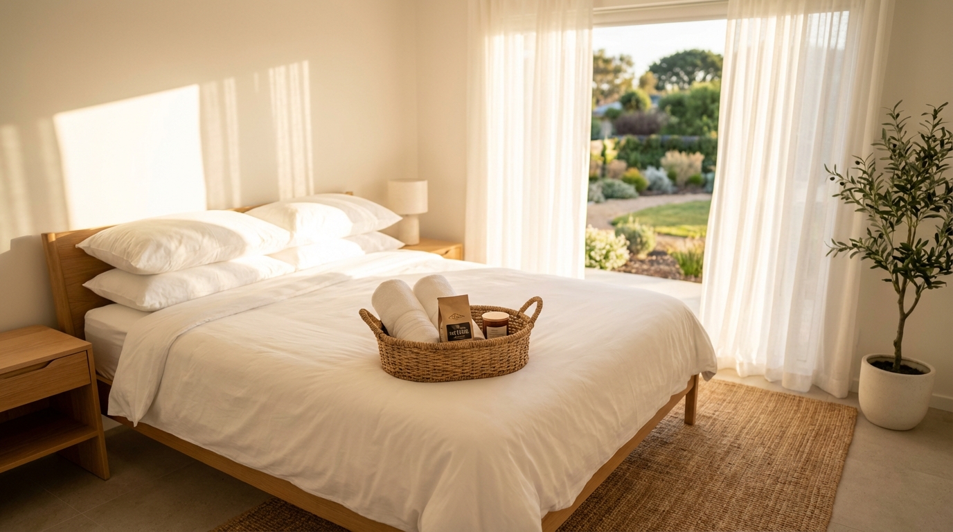 Pristine and inviting short-term rental bedroom with crisp white linens and a welcome basket, bathed in golden morning light.