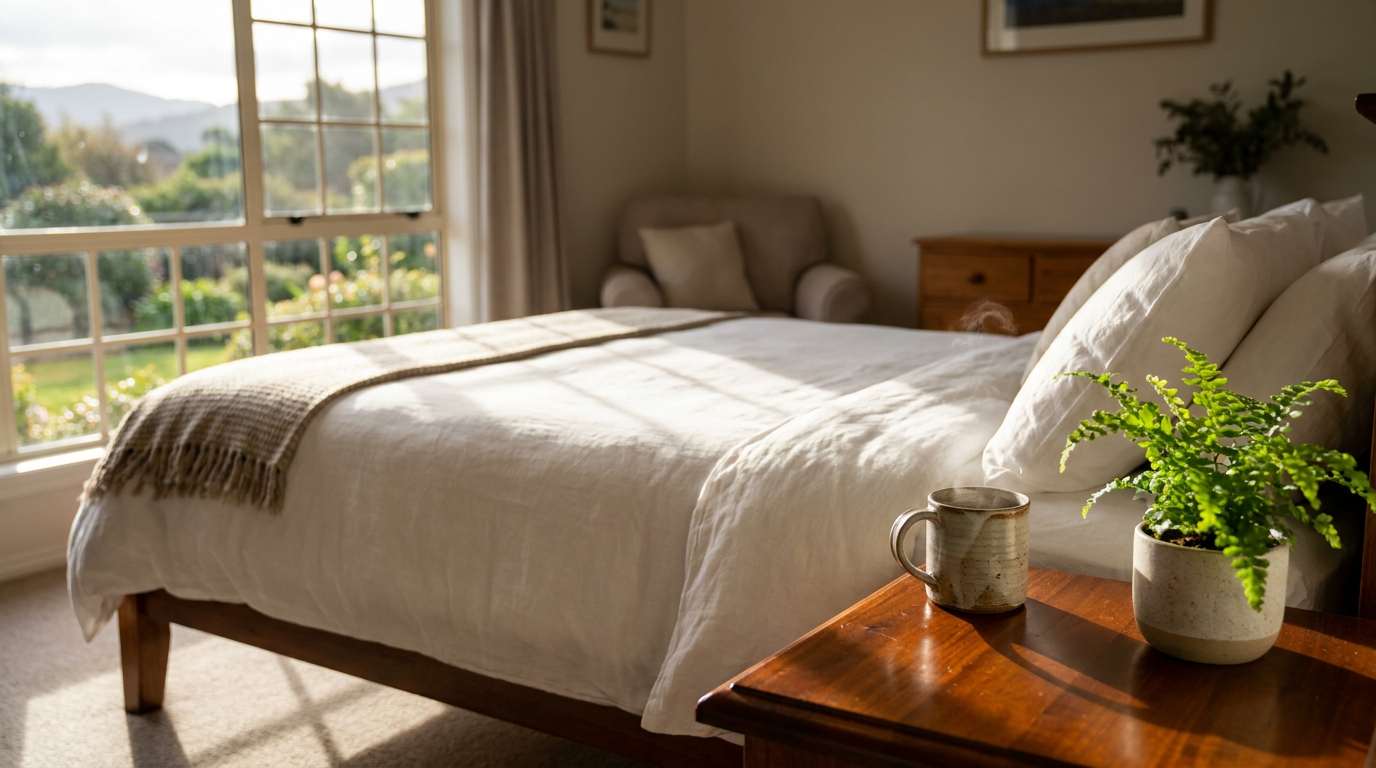 Spotless and inviting vacation rental bedroom with crisp white linens and a warm drink on a bedside table, ready for peak season guests.