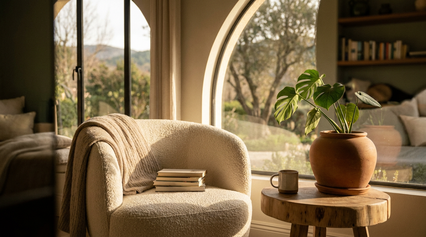 Sunlit reading nook in a stylish vacation rental with a plush armchair, wooden side table, ceramic coffee mug, and a monstera plant, evoking tranquility and comfort.