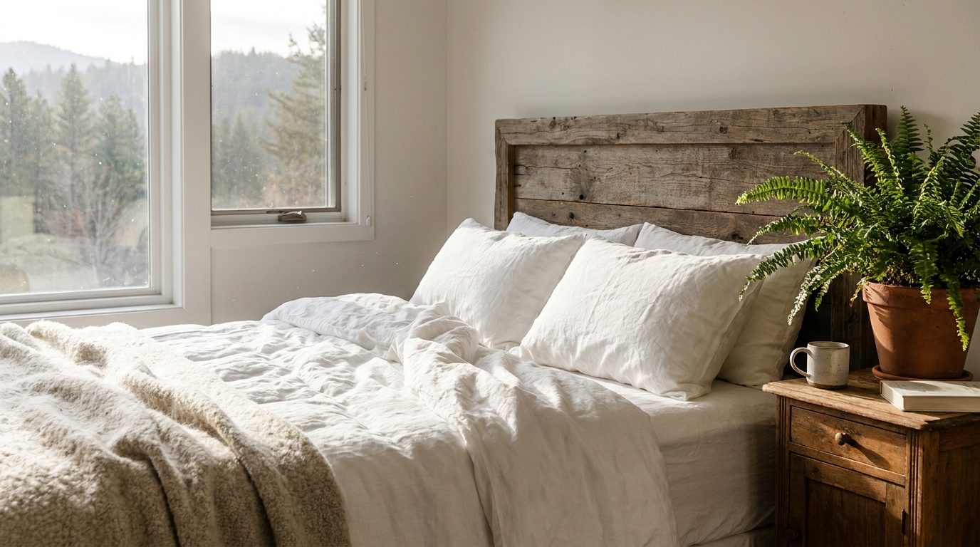 A sunlit vacation rental bedroom with white linen, a wooden headboard, and a potted plant, evoking a warm and inviting atmosphere.