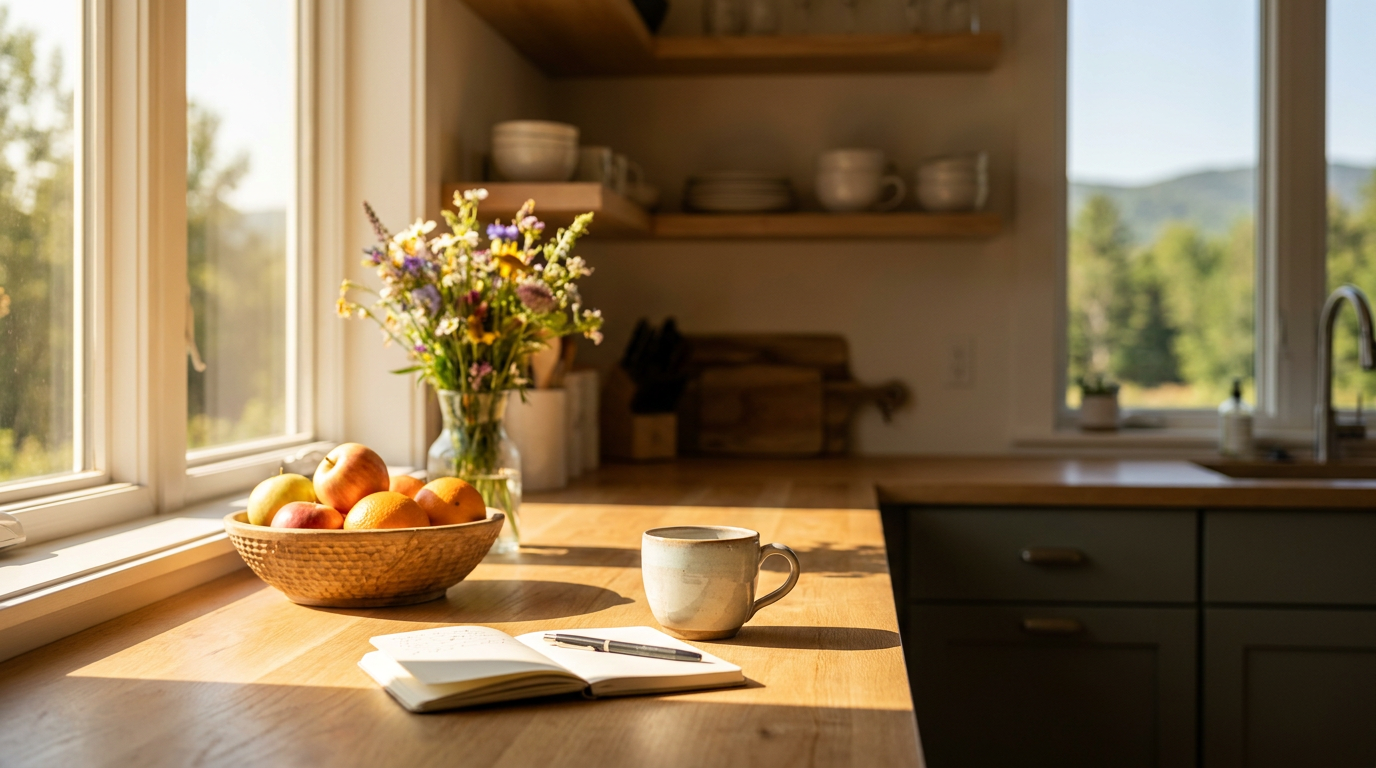 Sunlit kitchen in a vacation rental with coffee, notebook, and fresh fruit, evoking organized hospitality.
