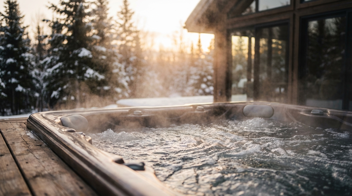 Close-up of a steaming hot tub on a wooden deck of a modern cabin at sunset in a snowy landscape.