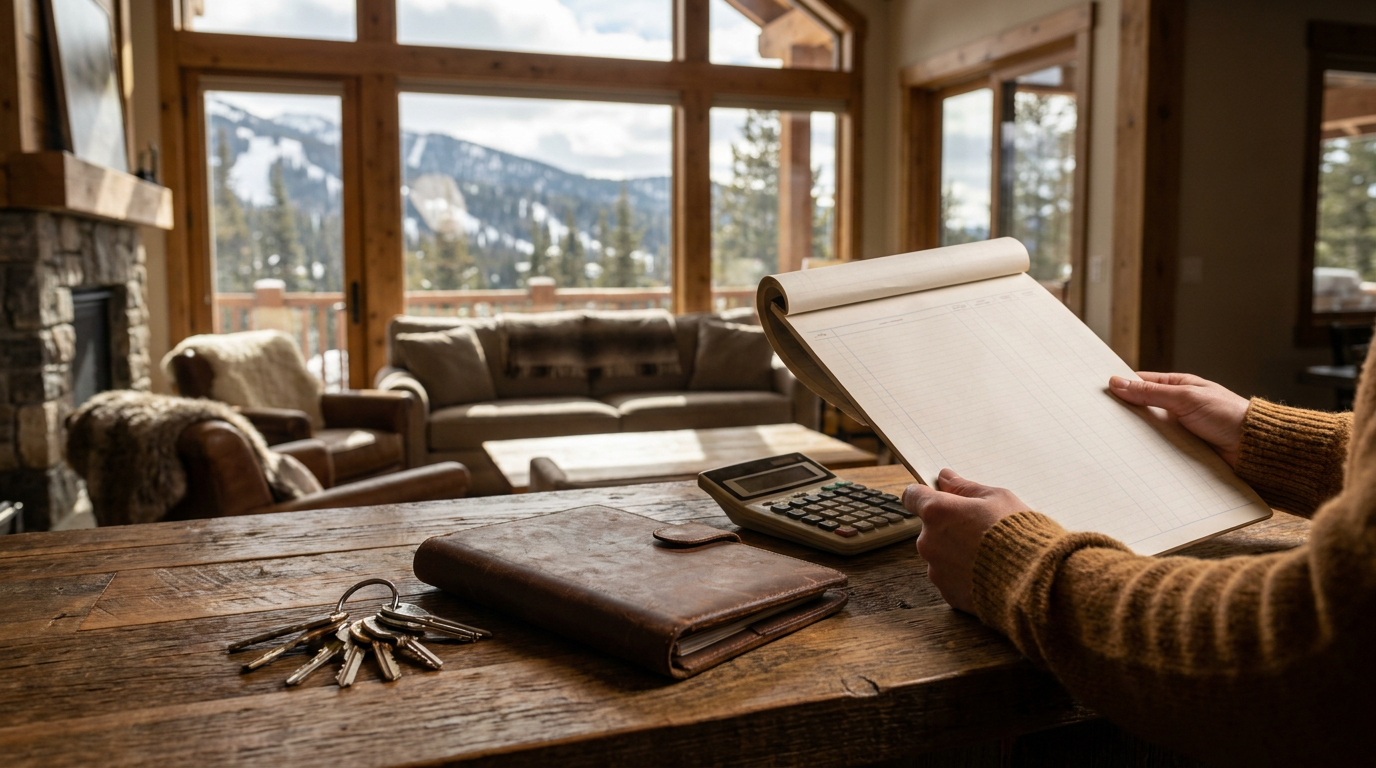 Cozy rustic living room in a mountain chalet with a roaring fire and a person reading on a sofa, golden hour light streaming through a window revealing snowy landscape.