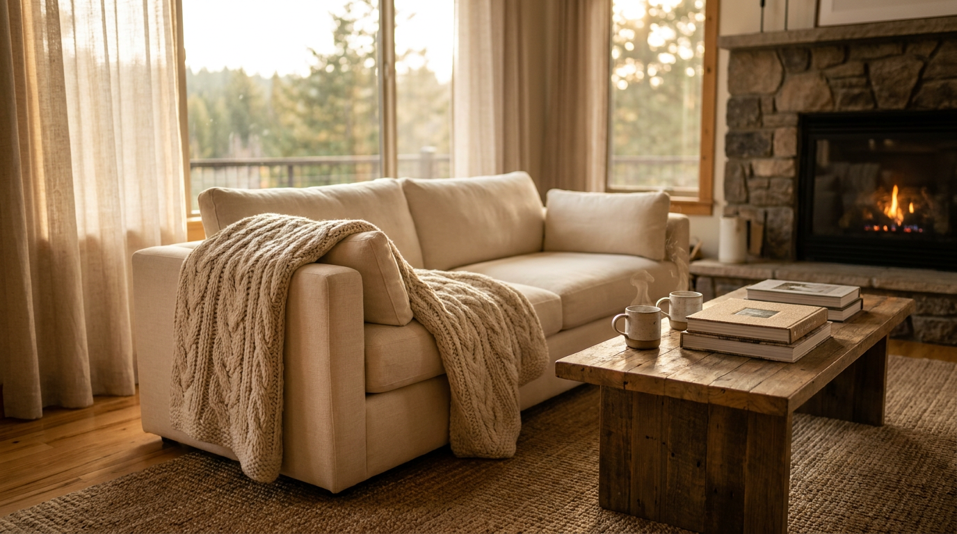 Cozy living room in a vacation rental with a fireplace, soft lighting, and comfortable sofa, perfect for a relaxing evening.