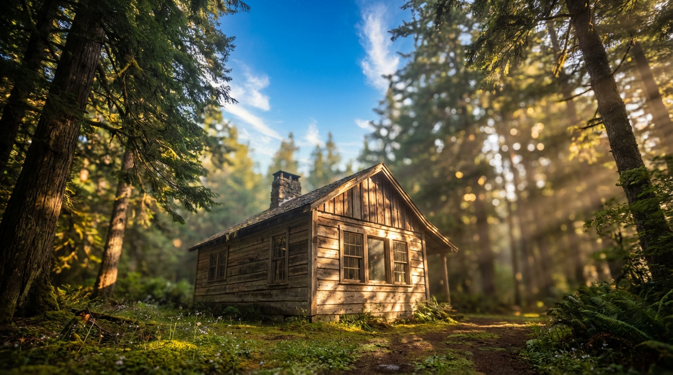 Majestic wooden cabin in a sun-drenched forest with dappled light, representing the initial challenge of online booking without direct control.