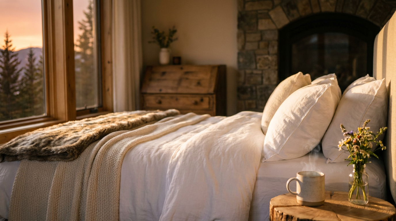 Sunlit bedroom in a vacation rental with luxurious white linen bedding and a ceramic mug on a wooden bedside table.