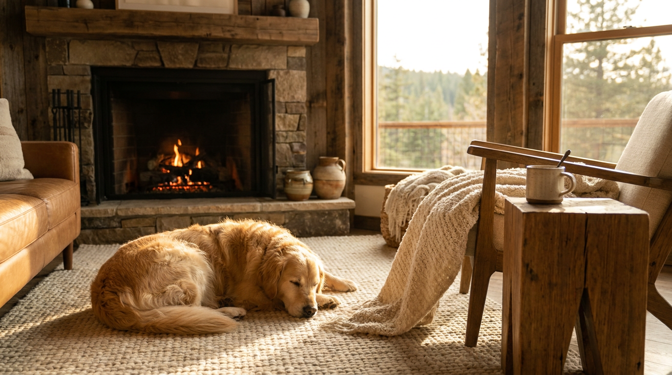 Happy dog sleeping peacefully on a rug in a sunlit, rustic cabin living room with a fireplace, evoking a cozy pet-friendly vacation rental experience.