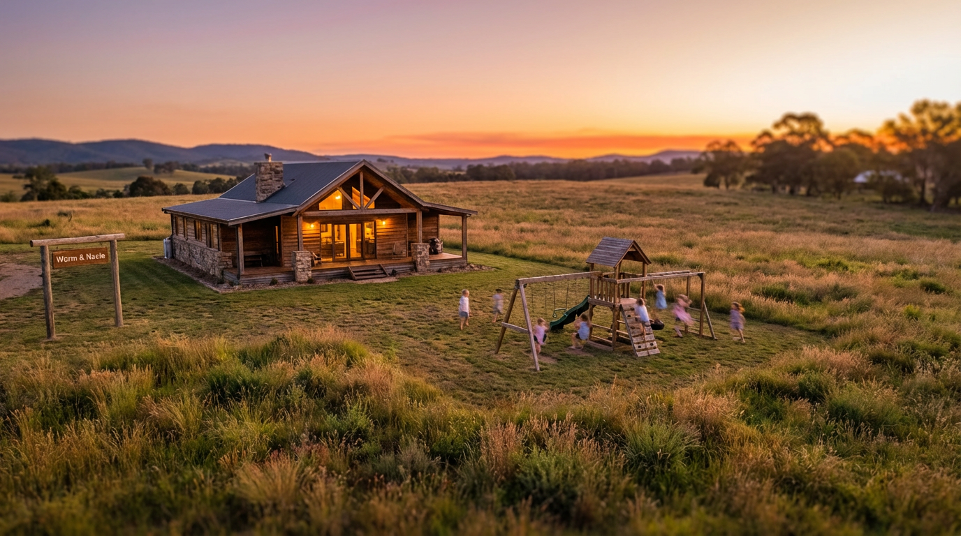 Aerial view of a 'worm and nacie' cabin at sunset, surrounded by lush grass, with a busy playground and interior lights on, symbolizing the successful outcome of increased direct bookings and occupancy.