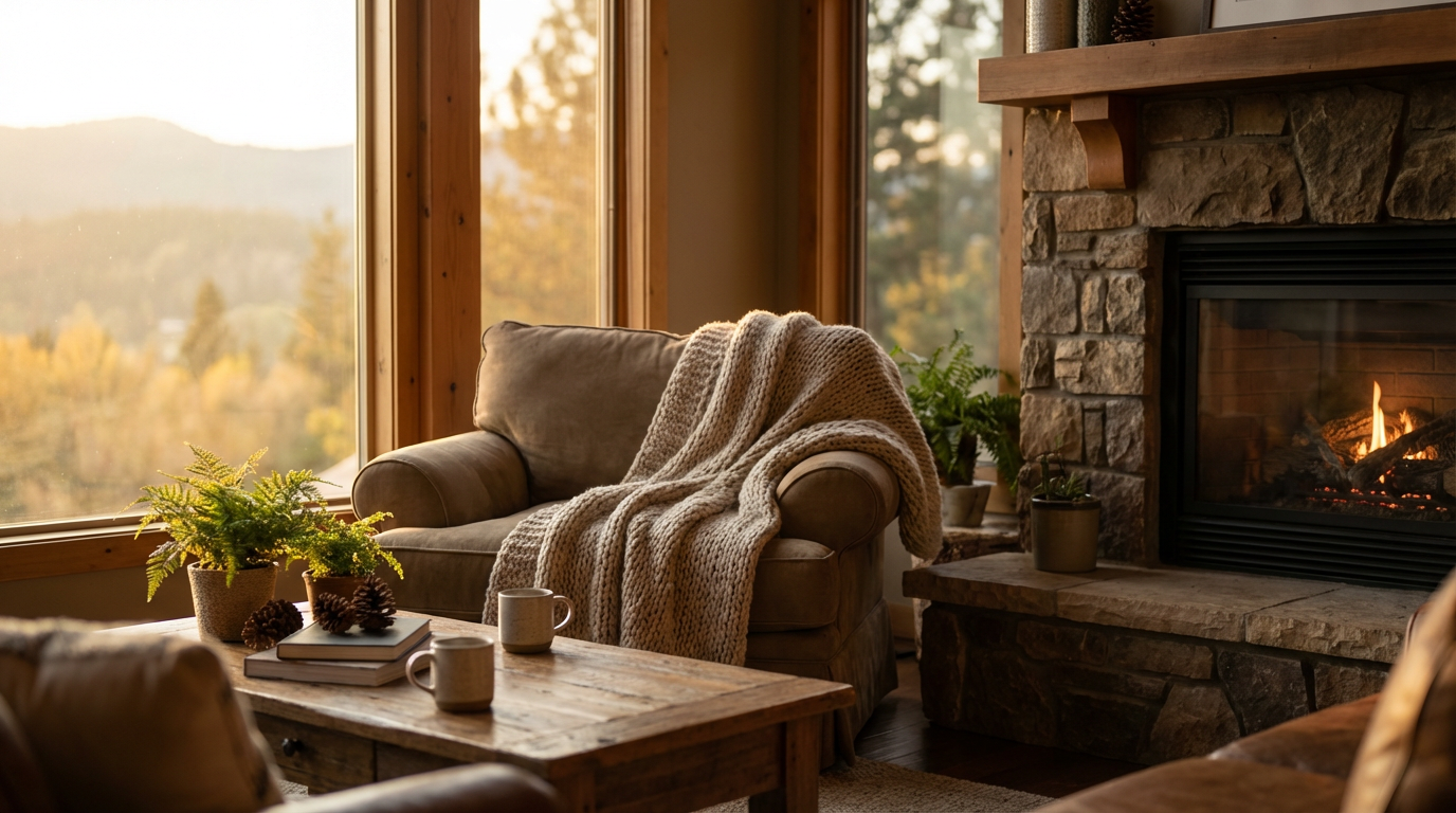 Cozy vacation rental living room at golden hour with fireplace and armchair