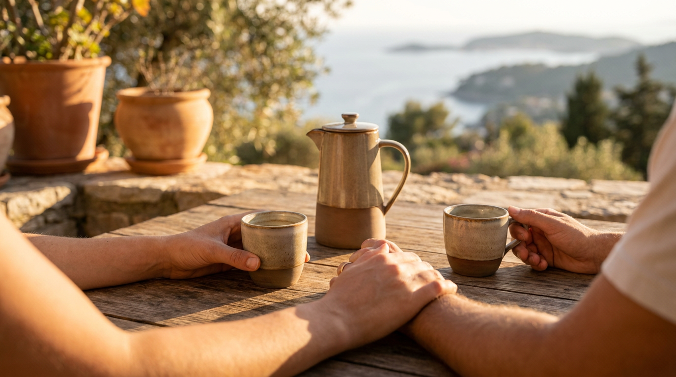 Happy couple enjoying coffee on a scenic vacation rental terrace at golden hour.