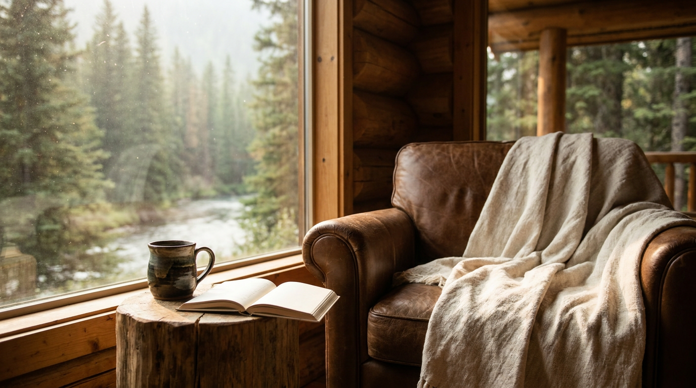 Cozy reading nook in a rustic cabin with a linen throw, coffee, and book, bathed in morning light and overlooking a misty forest.