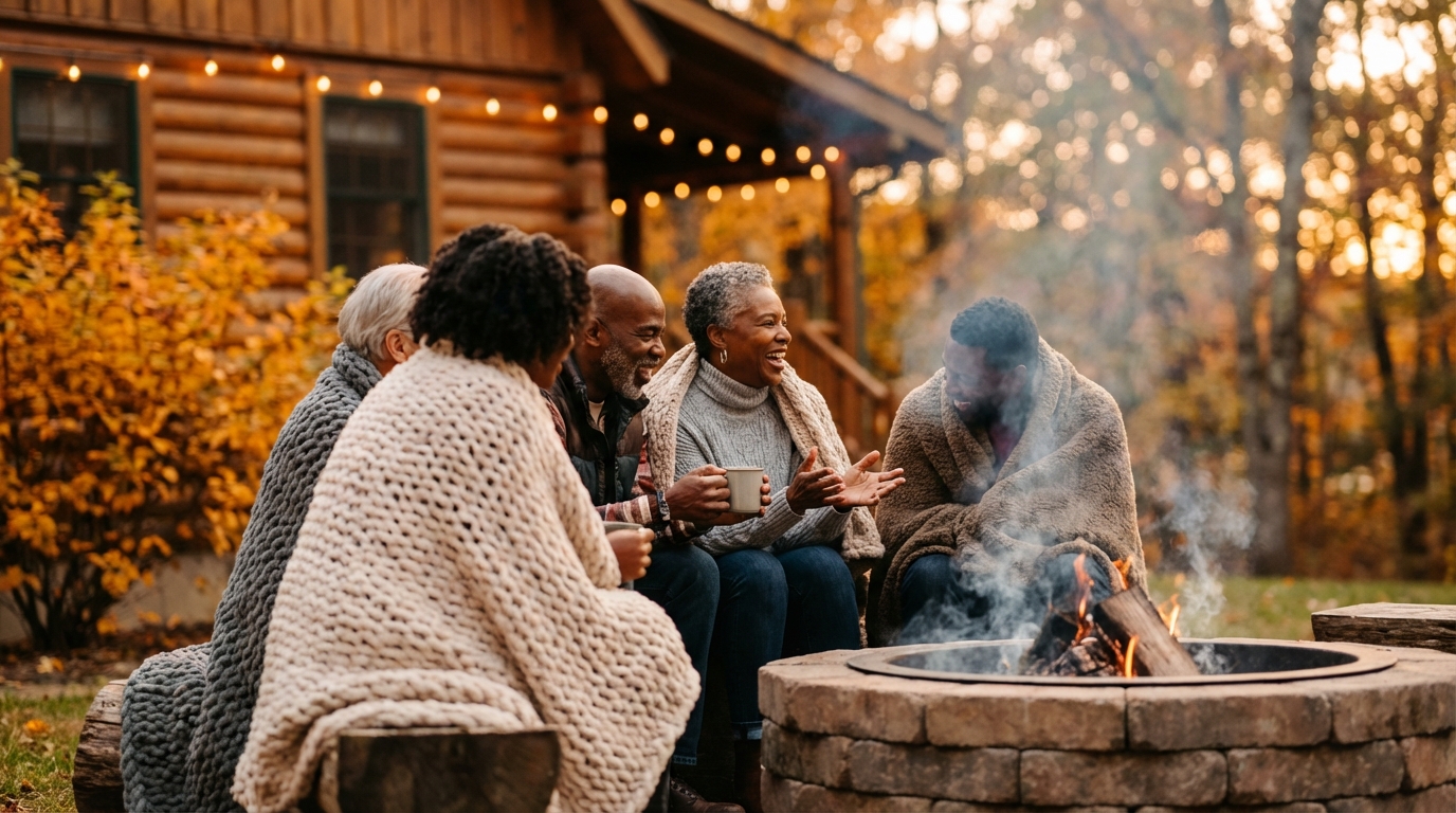 Diverse group of friends enjoying an outdoor fire pit at a cabin during golden hour, representing successful high occupancy