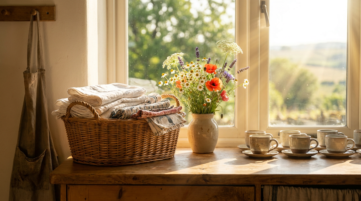 Sunlit kitchen in a cozy vacation rental with fresh linens and coffee cups, ready for welcoming guests. No screens, no laptops, no phones, no UI, no office props, no flags, no text, no logos.