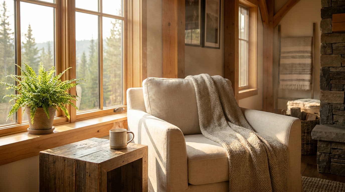 Sunlit reading nook in a stylish vacation rental with a plush armchair and a cup of tea, emphasizing cozy comfort for extended stays.