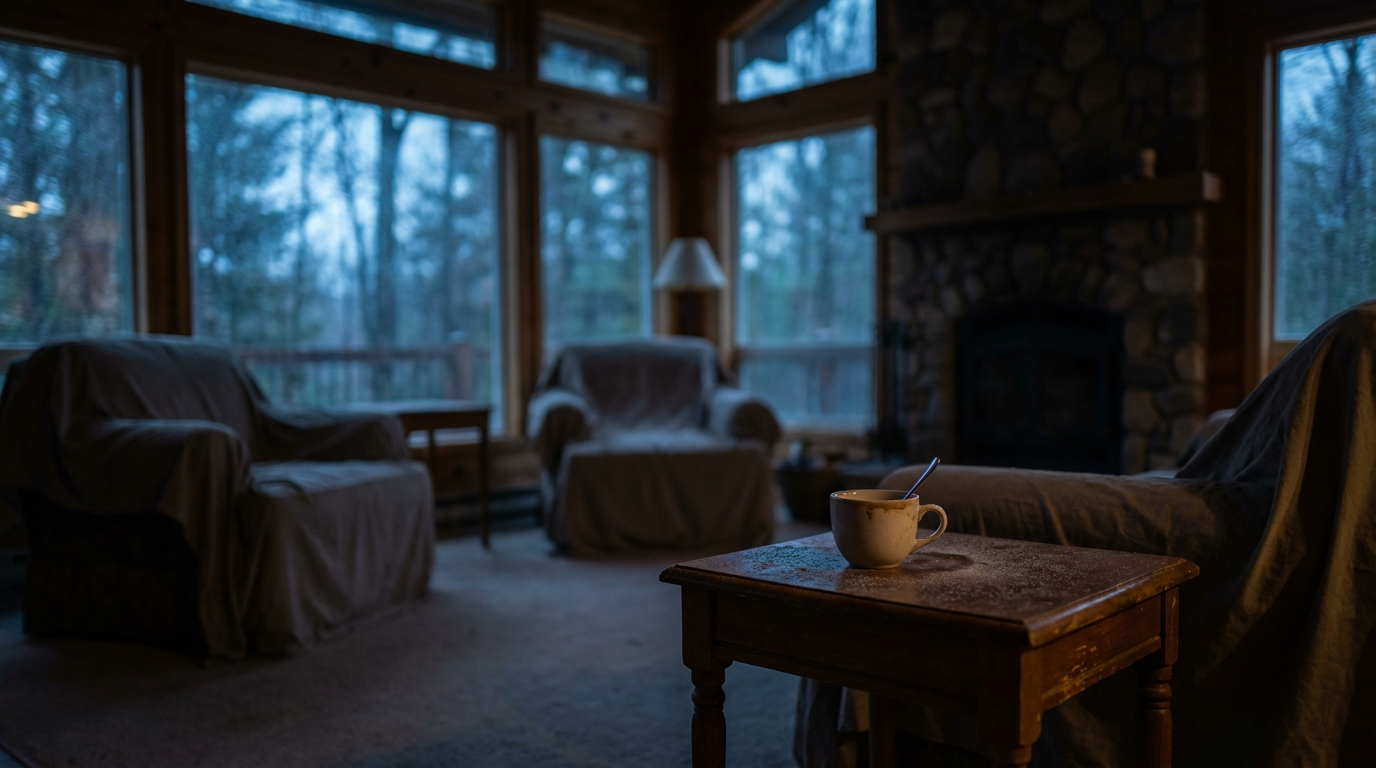 An empty, dimly lit cabin living room at dusk, highlighting low occupancy issues.