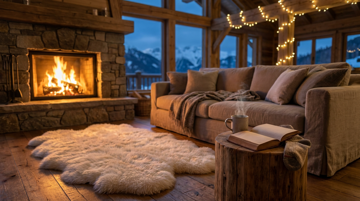Cozy mountain chalet living room at dusk with fireplace, sheepskin rug, and string lights, evoking a warm and relaxing out-of-season vacation.