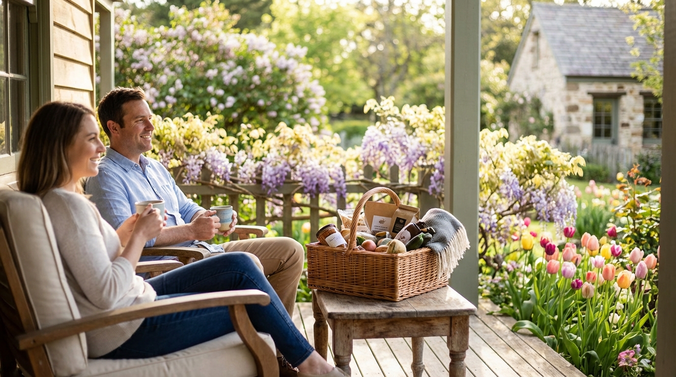Happy couple enjoying coffee on a porch of a charming vacation rental in spring, signifying guest satisfaction from a longer, discounted stay.