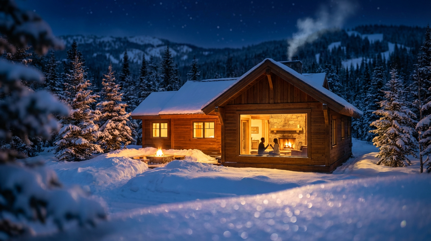Aerial view of a warm, lit cabin in a snowy winter landscape at night, with a happy couple inside, showcasing high occupancy and guest satisfaction.