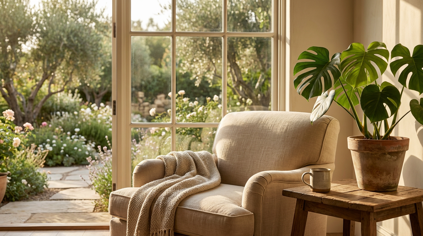 Sunlit reading nook in a vacation rental with a plush armchair, wooden table, and plant, evoking relaxation.