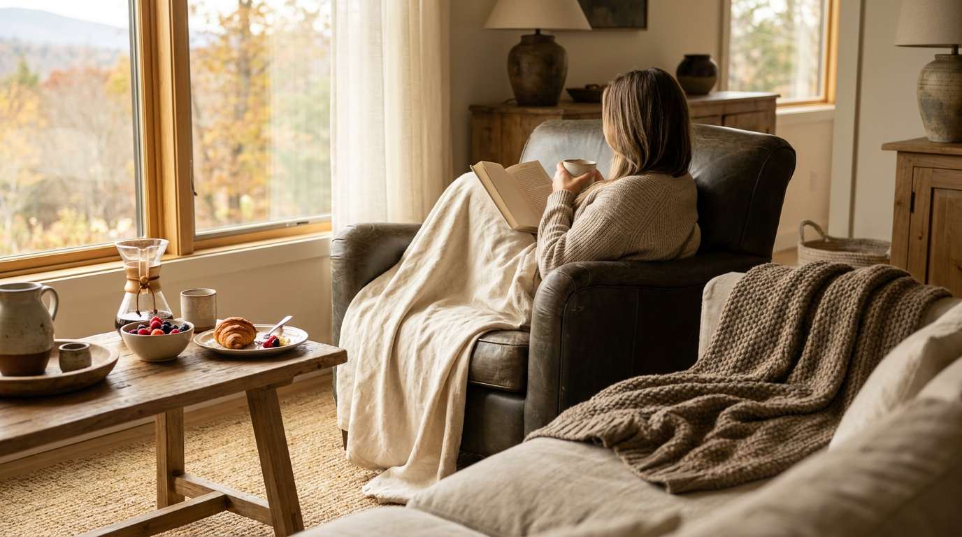 Cozy vacation rental living room with a guest enjoying coffee and breakfast, creating a sense of an occupied and desirable property.