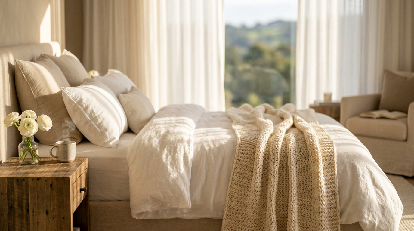 Sunlit bedroom in a luxury vacation rental with pristine white bedding, a cozy throw, and a ceramic coffee mug on a wooden nightstand with fresh flowers, evoking a sense of clean comfort.