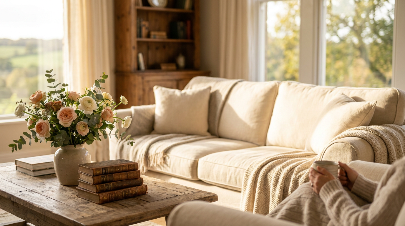 Elegant living room in a premium vacation rental, sunlit, with linen sofas and fresh flowers, suggesting a high-quality guest experience.