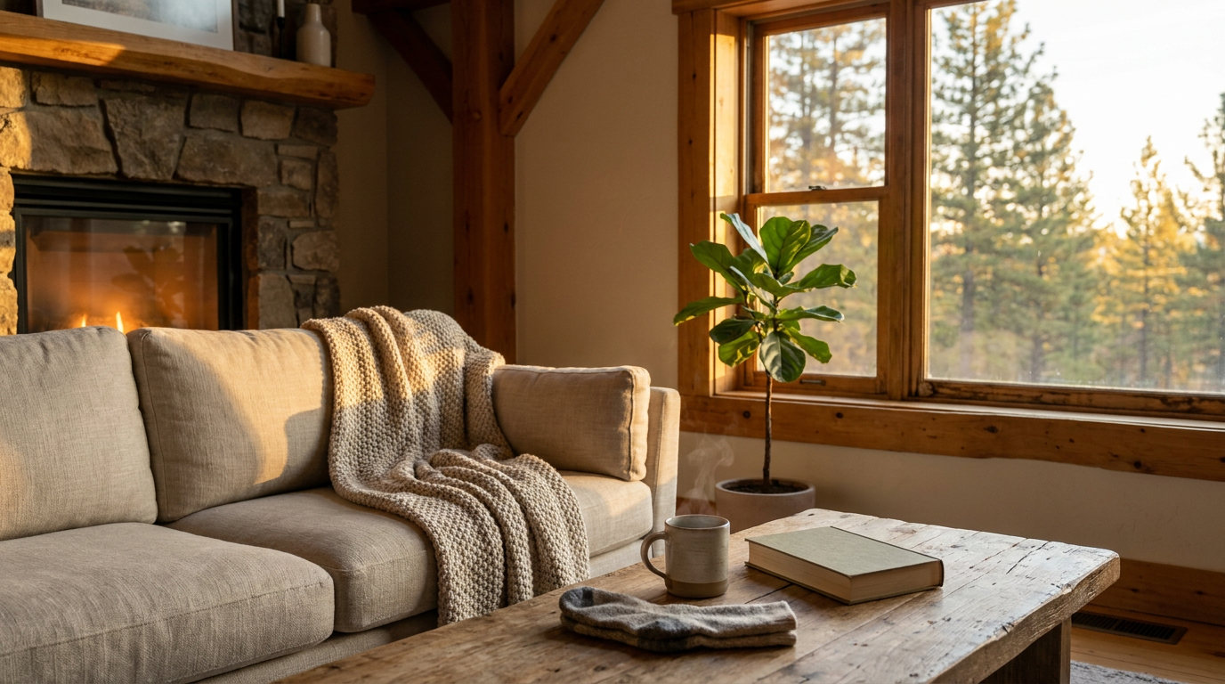 Cozy vacation rental living room with fireplace, sunlit by morning light, linen sofa, and a steaming coffee mug on a rustic table, evoking a peaceful holiday.