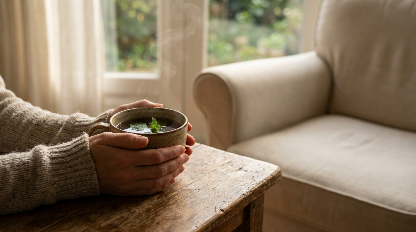 Hands holding a warm herbal tea in a sunlit vacation rental reading nook, suggesting a cozy and memorable guest experience.