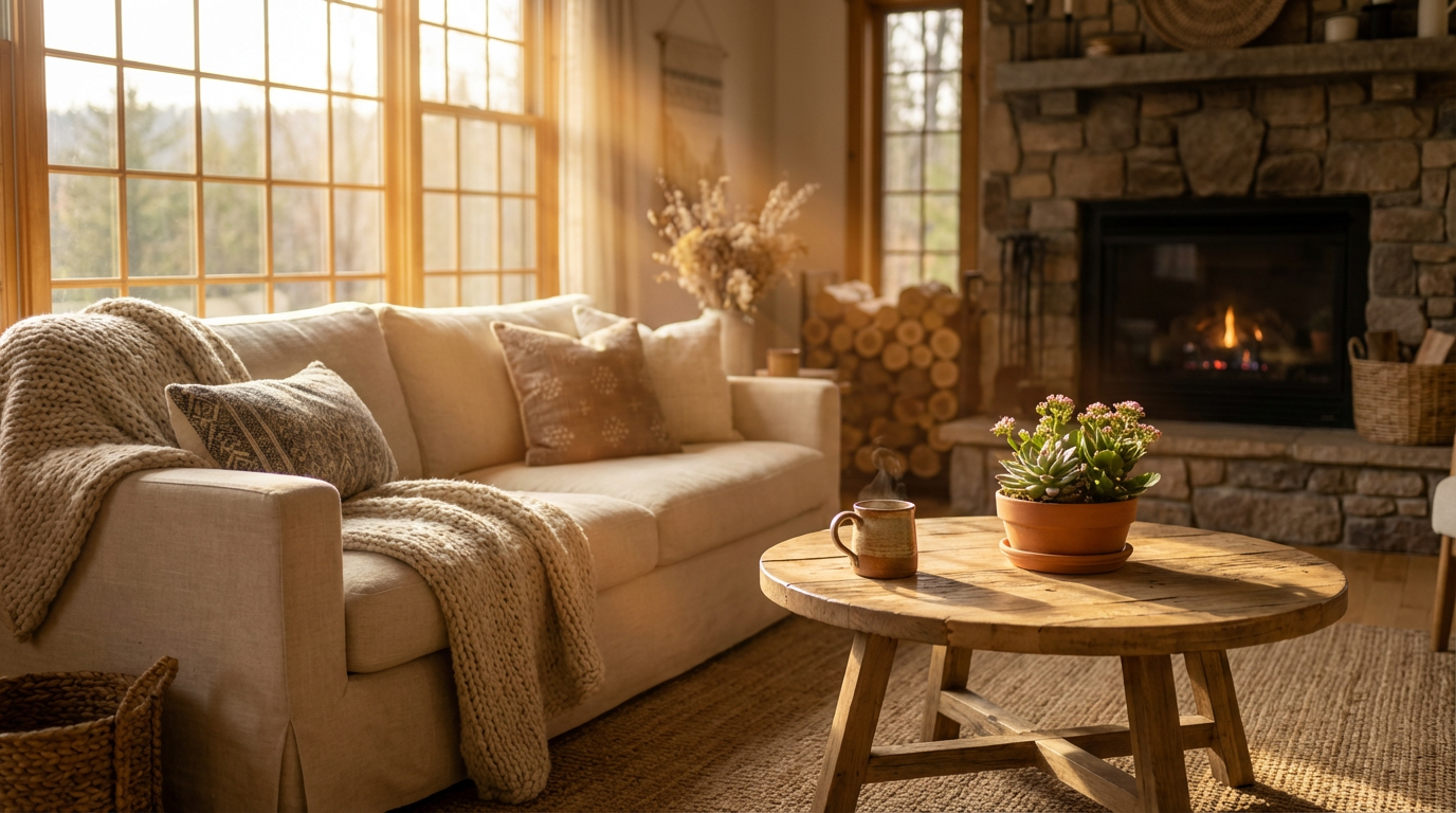 Sunlit living room in a cozy vacation rental with a stone fireplace and warm, inviting decor.