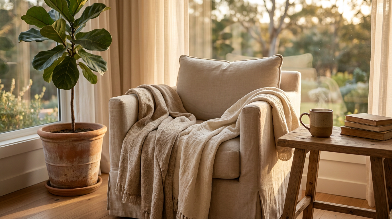 Sunlit reading nook in a vacation rental with armchair, blanket, coffee, and plant, evoking guest comfort and relaxation.
