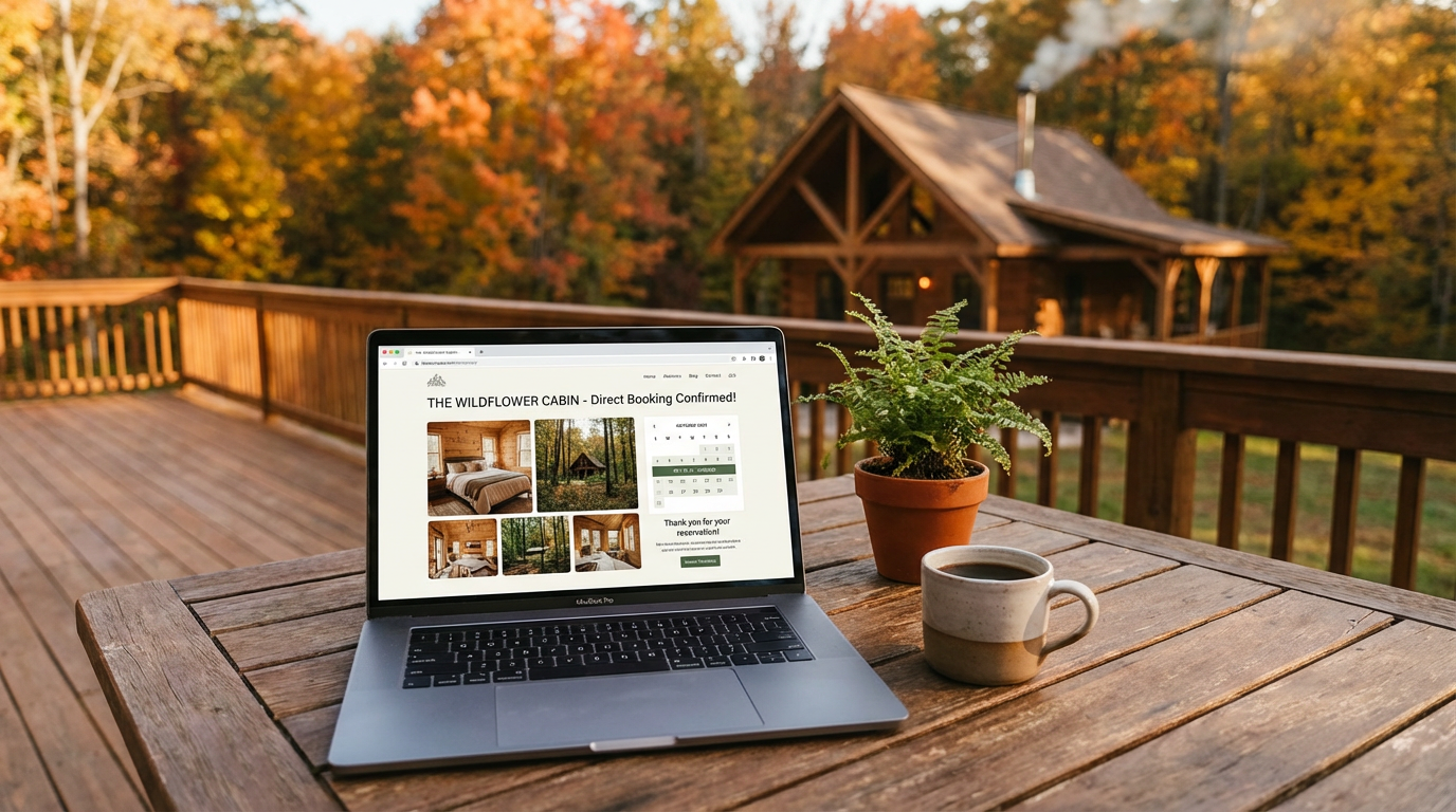 An overhead shot of a laptop on a wooden table displays a complete direct booking website with booking confirmations, representing the successful outcome of building an independent cabin rental business. A cabin in autumn foliage is in the background.