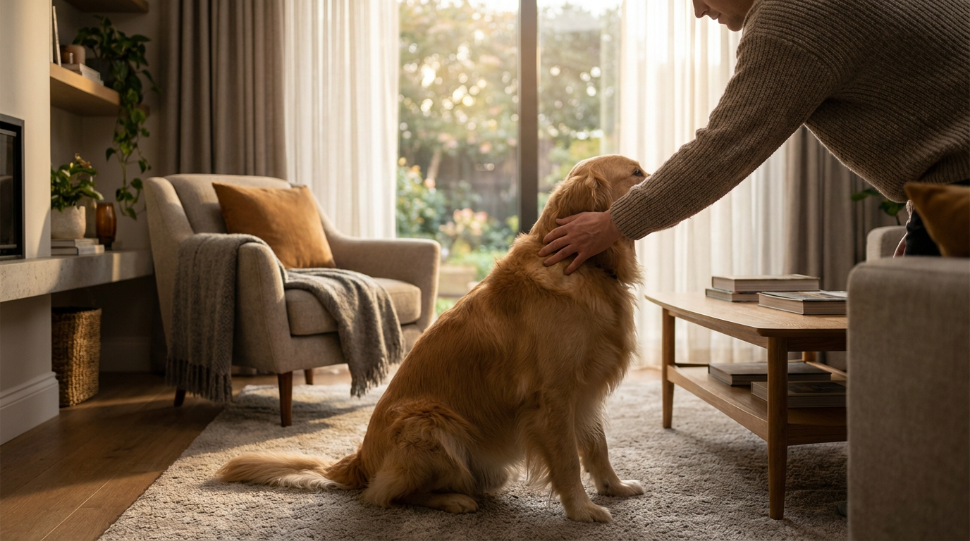 A happy guest and their dog relaxing in a pet-friendly short-term rental, illustrating the positive outcome of a good pet policy.
