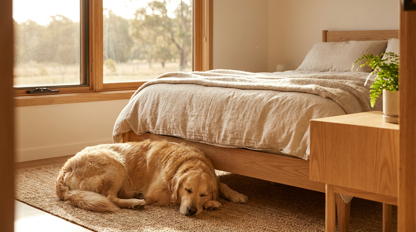 A sleeping golden retriever on a rug in a sunlit, pet-friendly vacation rental bedroom.