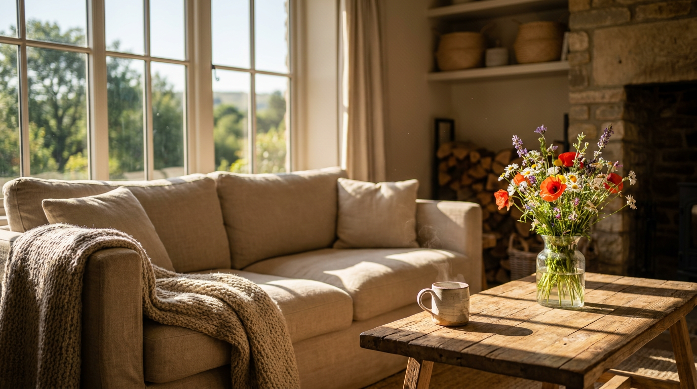 Cozy sunlit living room in a stylish vacation rental with linen sofa, coffee, and wildflowers, radiating peaceful warmth.