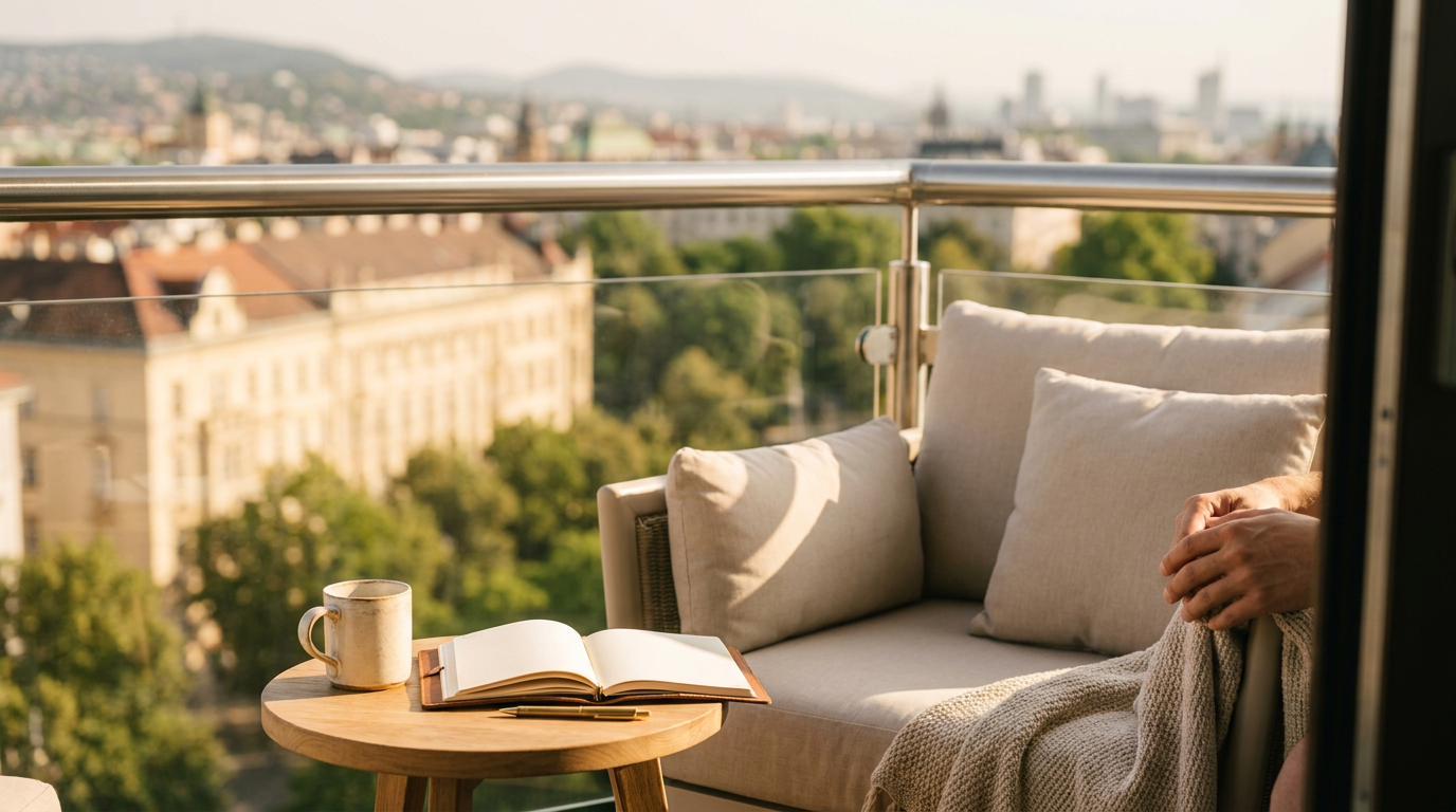 A stylish private balcony at a luxury vacation rental, suggesting corporate housing or business travel comfort. It shows a cozy lounge chair, a coffee cup, and a notebook with a pen, set against a backdrop of a city skyline or natural scenery under soft morning light. Focus on aspirational lifestyle, relaxation, and business travel accommodation.