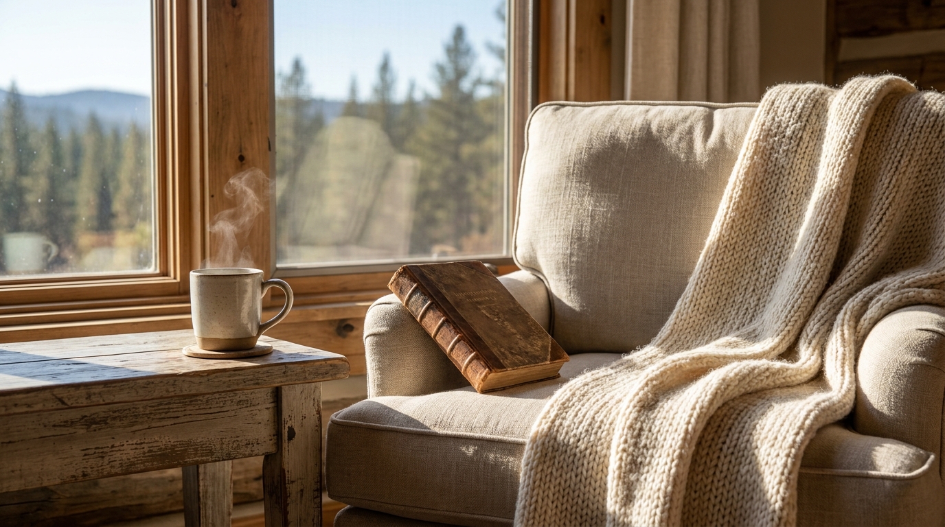 Sunlit reading nook in a vacation rental with a cozy armchair, blanket, book, and coffee, evoking peaceful relaxation and comfort.