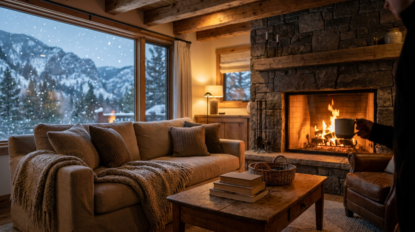 Cozy living room with fireplace and snowy view outside, evoking comfort and warmth in a winter vacation rental.