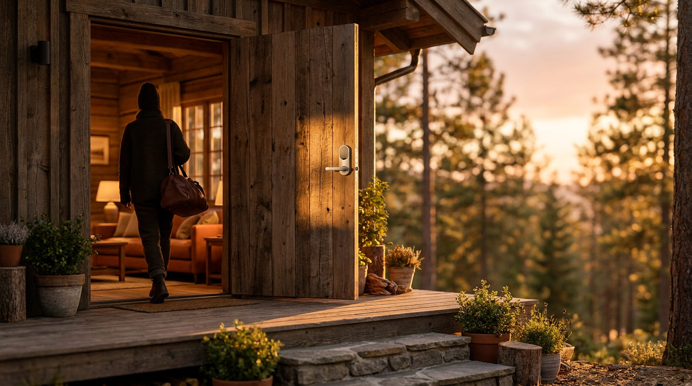 Cozy cabin interior with a woman holding a ceramic mug, bathed in the warm glow of a fireplace, evoking peace and secure relaxation.