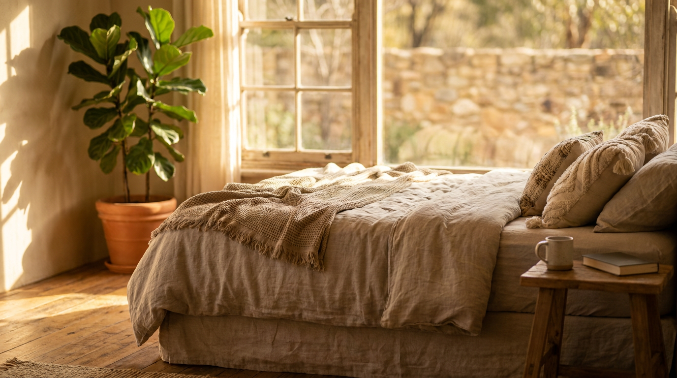 Sunlit king bedroom with soft linen, throw blankets, and a potted plant in a stylish vacation rental, evoking a serene and luxurious experience.