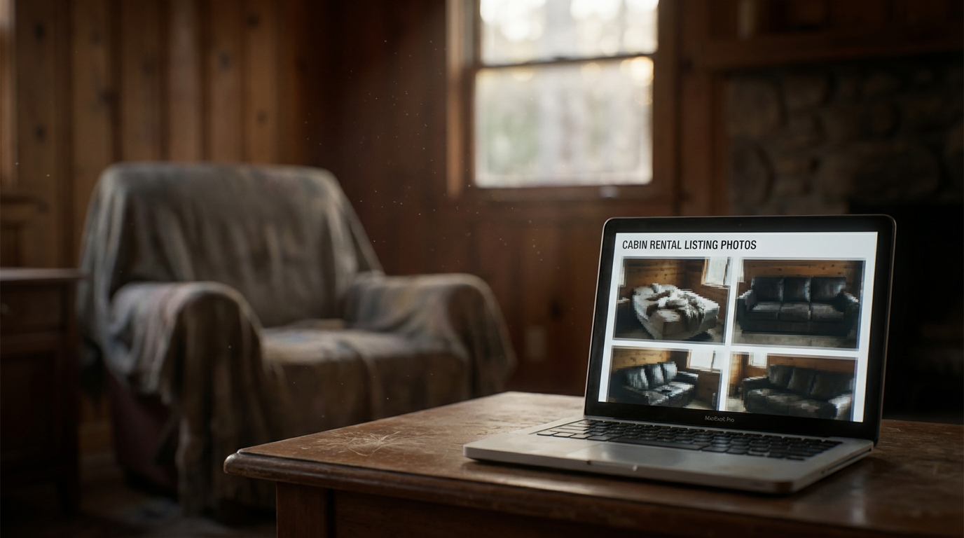 Gloomy cabin living room with blurry listing photos on a laptop, depicting low booking conversion