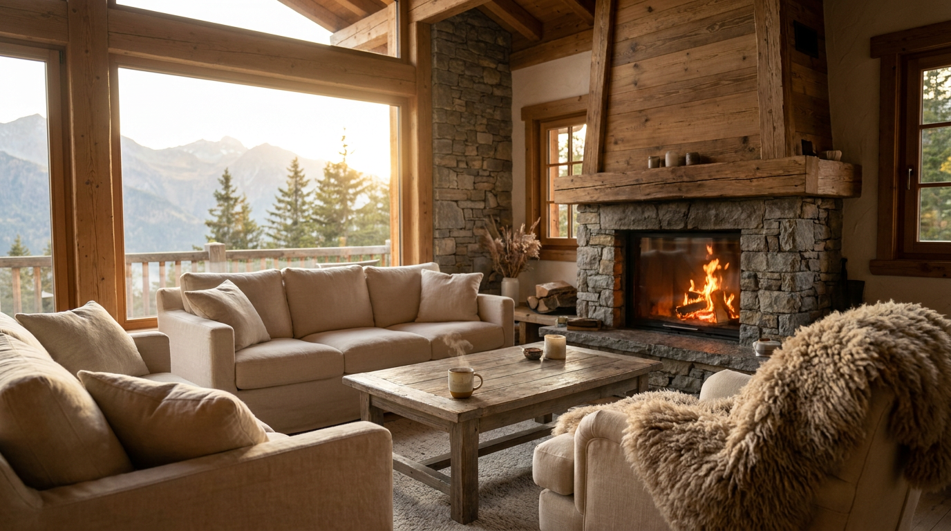 Cozy mountain chalet living room with fireplace and reading nook at golden hour.