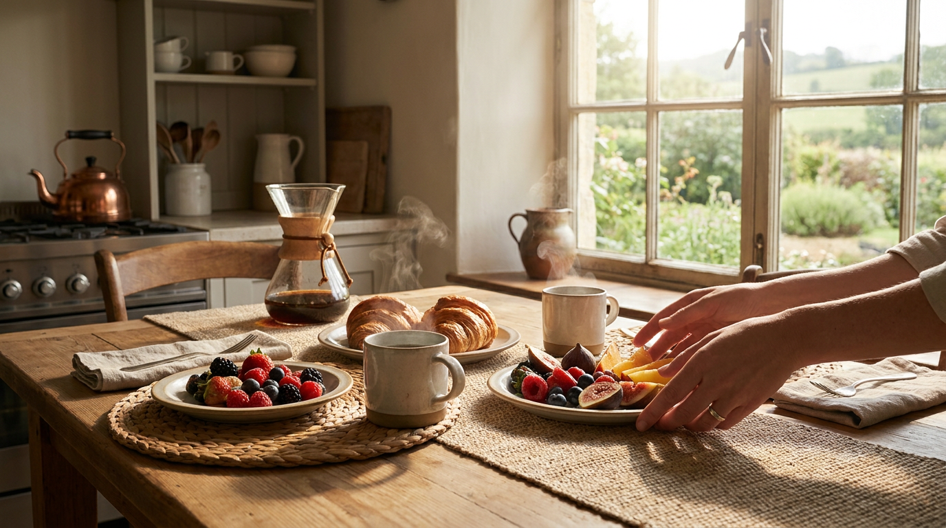 Sun-drenched breakfast spread in a vacation rental kitchen, featuring fresh fruit, pastries, and coffee, representing excellent guest hospitality.