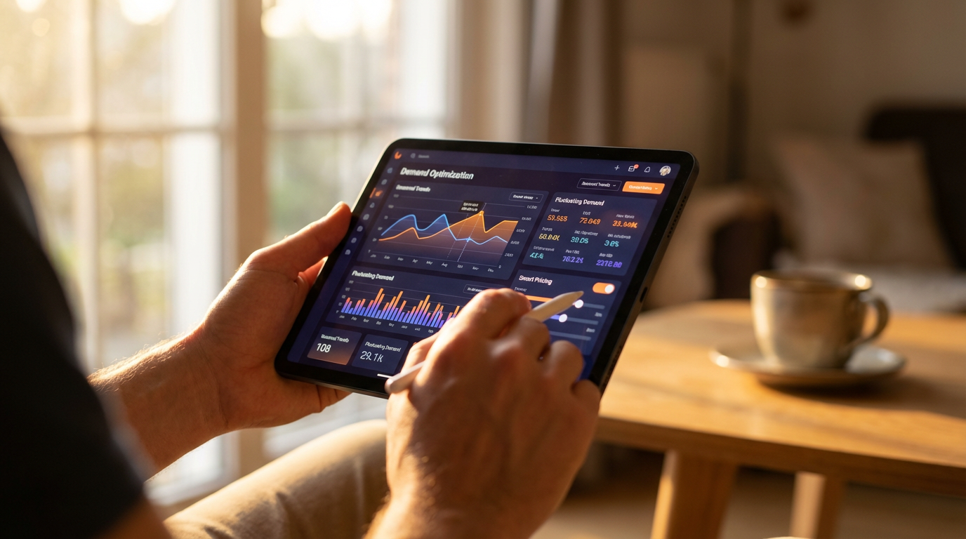 A host utilizing dynamic pricing software on a tablet to optimize rental rates.