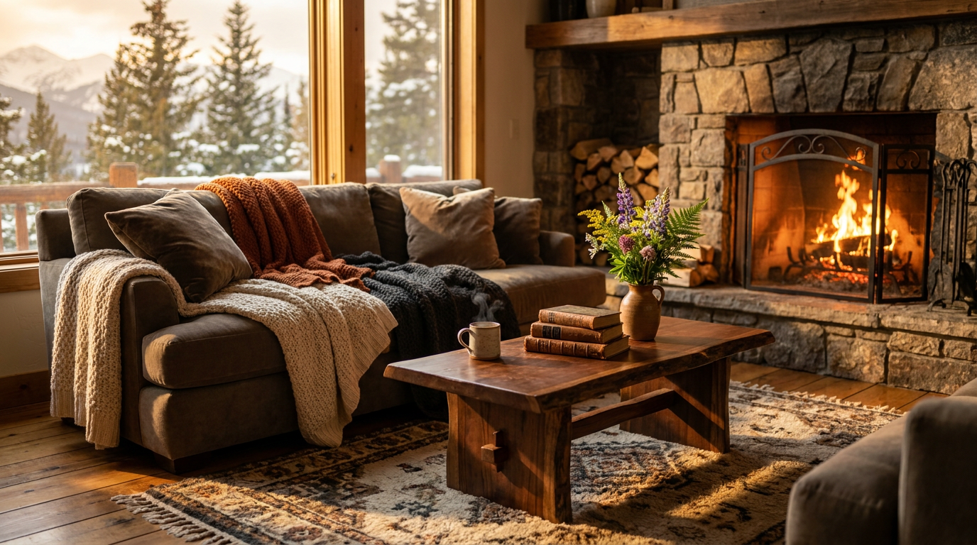 Cozy living room in a rustic mountain chalet with a lit fireplace, plush sofa, and wooden coffee table, bathed in golden hour sunlight.