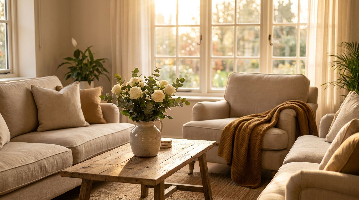 Sunlit vacation rental living room, meticulously clean and arranged, with soft linen sofas, fresh flowers, and a warm throw blanket, evoking a ready and serene atmosphere for guests.