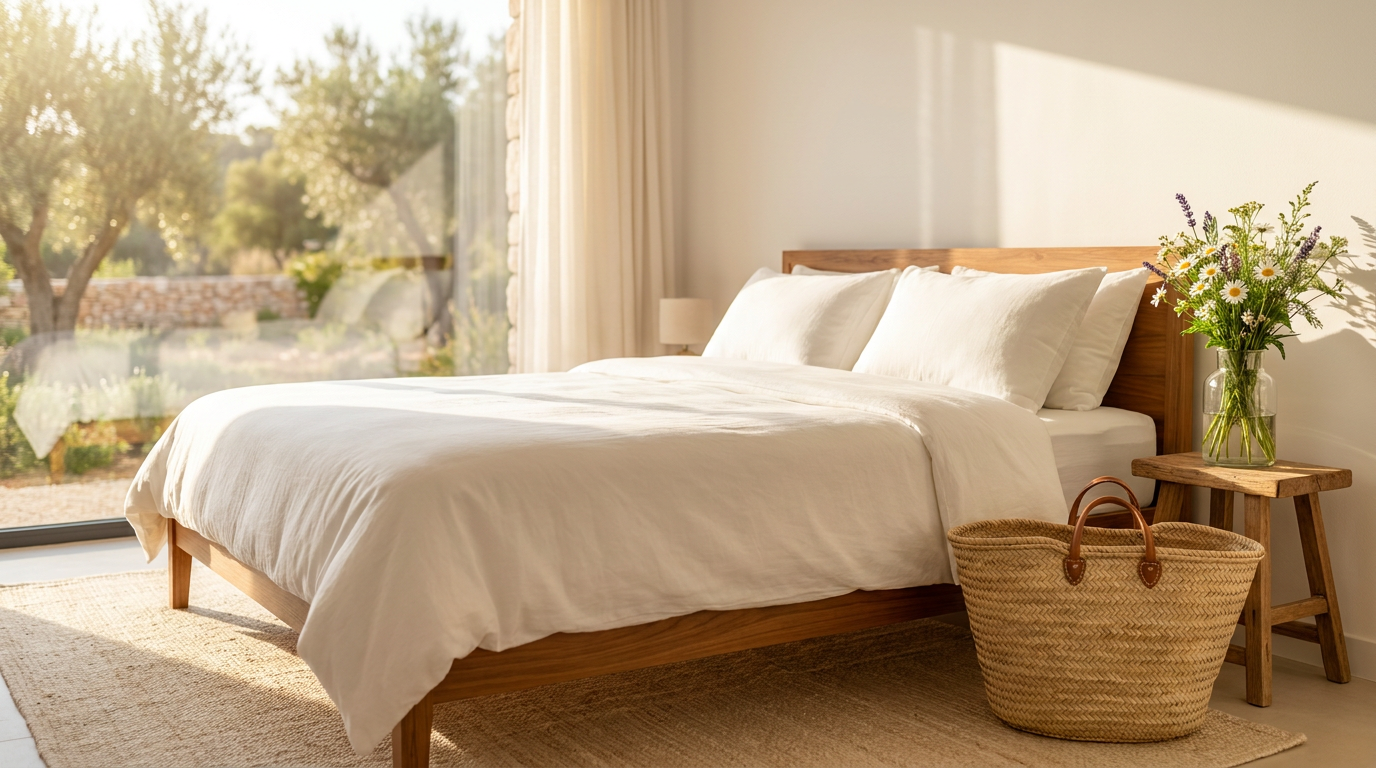 Sun-drenched bedroom in a vacation rental with crisp white linen bedding, a woven basket, and wildflowers, suggesting a clean and inviting space for guests.
