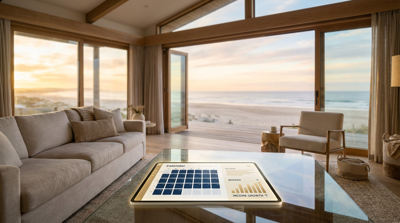 Wide-angle view of a stylish modern beach house living room at sunrise, with a monitor showing a well-booked calendar, reflecting predictable income and success.