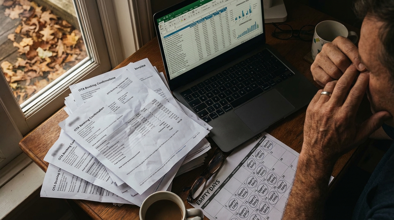 Overhead view of a cluttered desk with OTA booking confirmations, a spreadsheet of commission fees, and a host's hands, illustrating the problem of high fees for short-term rental owners.